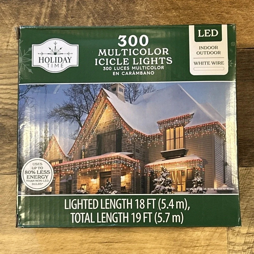 Holiday Time 300 Ct Multicolor Icicle‎ Christmas Lights White Wire 18 Ft New